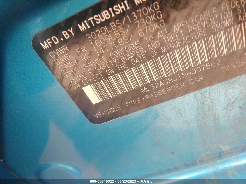 2022 MITSUBISHI MIRAGE ES/LE - ML32AUHJ1NH007562