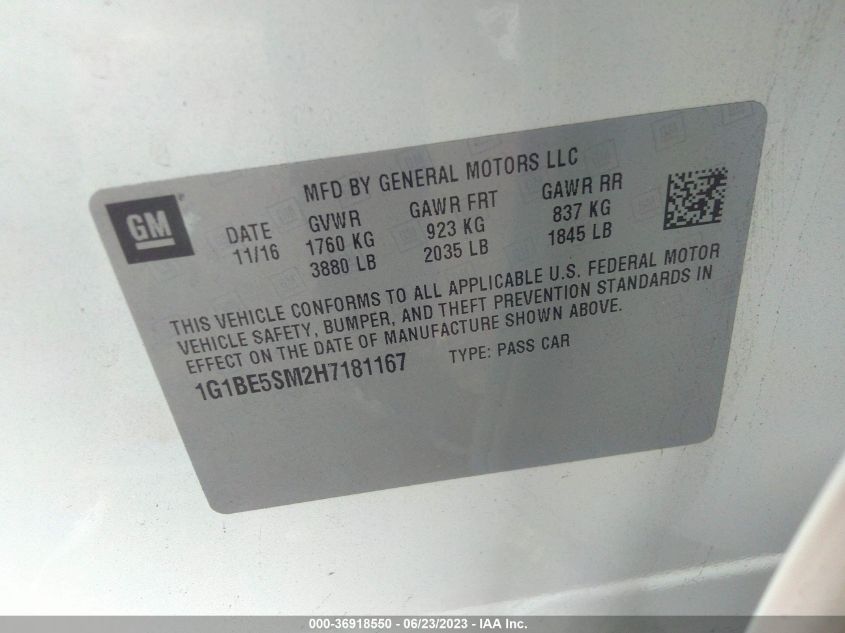 2017 CHEVROLET CRUZE LT - 1G1BE5SM2H7181167