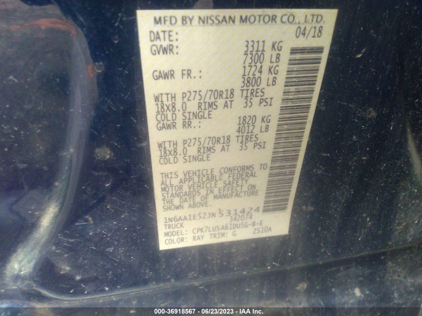 2018 NISSAN TITAN SV/SL/PRO-4X/PLAT RES - 1N6AA1E52JN531424