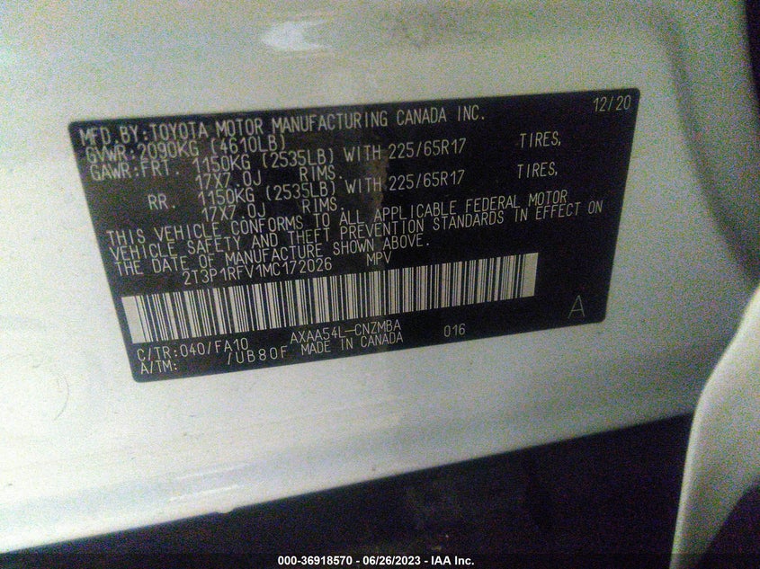 VIN 2T3P1RFV1MC172026 2021 TOYOTA RAV4 XLE