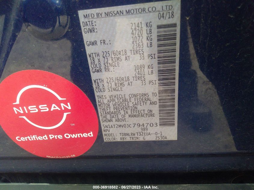 2018 NISSAN ROGUE SL - 5N1AT2MV0JC794703