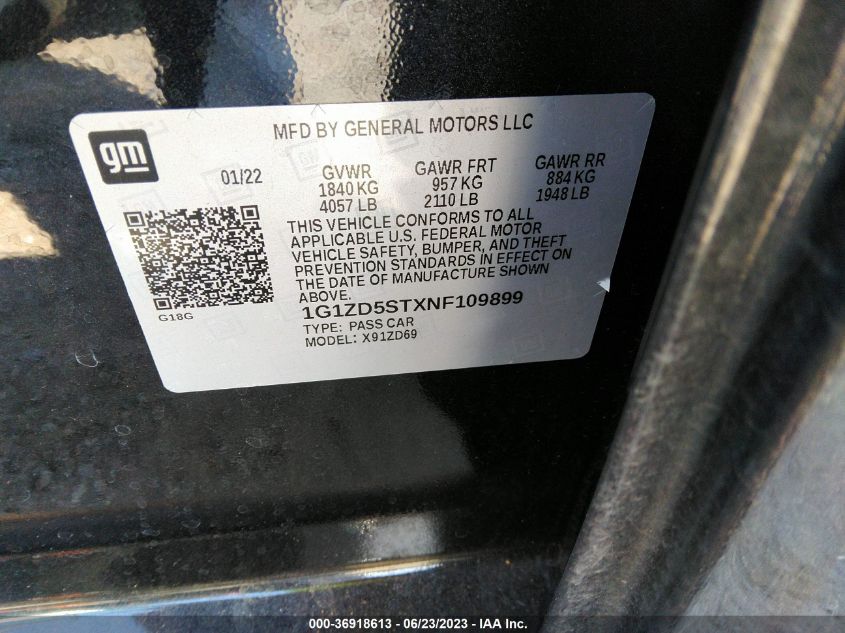 2022 CHEVROLET MALIBU LT - 1G1ZD5STXNF109899