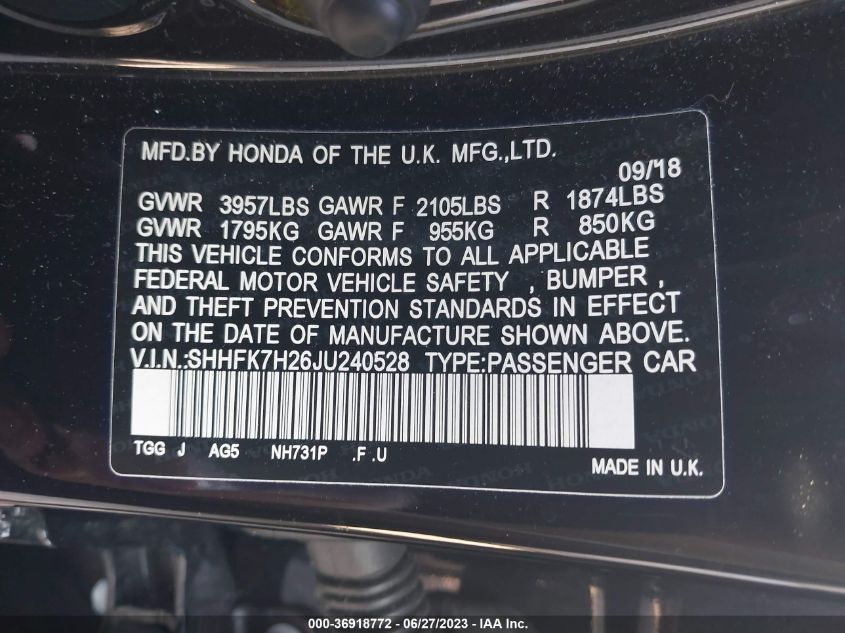 2018 HONDA CIVIC HATCHBACK LX - SHHFK7H26JU240528
