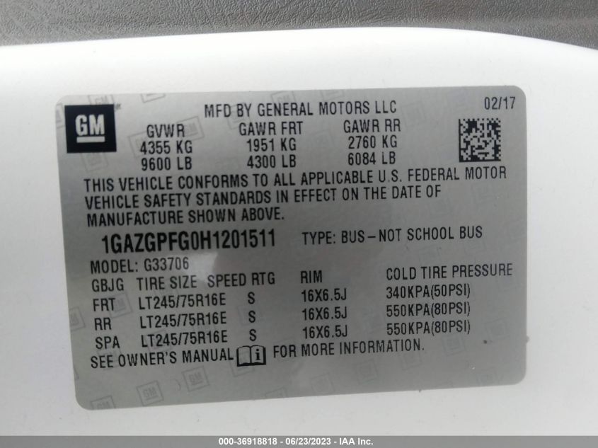 2017 CHEVROLET EXPRESS PASSENGER LT - 1GAZGPFG0H1201511