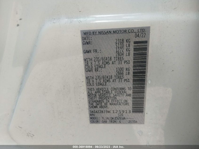 2022 NISSAN MURANO SV - 5N1AZ2BJ3NC125913