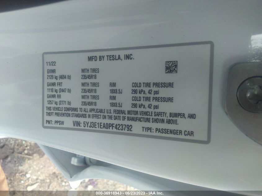2023 TESLA MODEL 3 - 5YJ3E1EA0PF423792