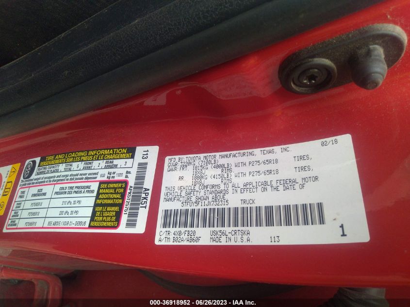 2018 TOYOTA TUNDRA 4WD SR/SR5/LIMITED - 5TFUY5F11JX732315
