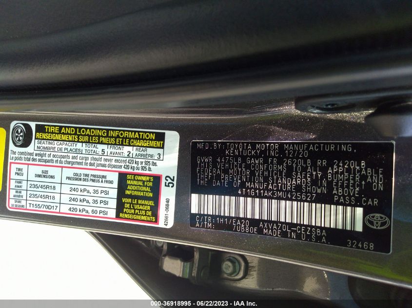 2021 TOYOTA CAMRY SE - 4T1G11AK3MU425627