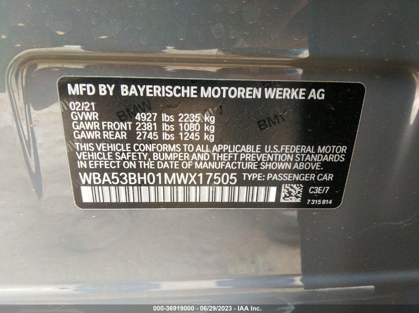VIN WBA53BH01MWX17505 2021 BMW 5 SERIES 530I