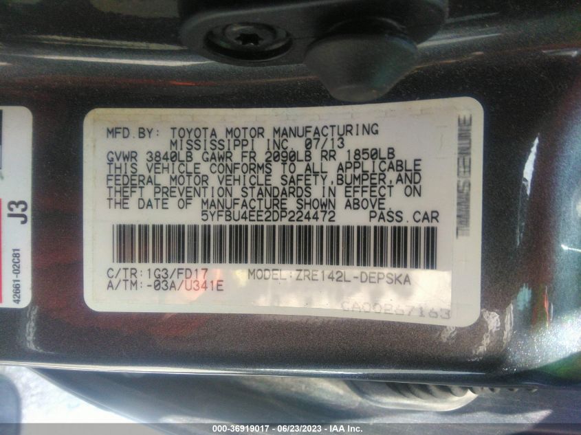 2013 TOYOTA COROLLA L/LE/S - 5YFBU4EE2DP224472