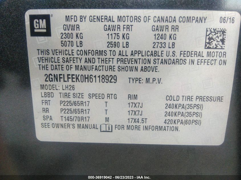 2017 CHEVROLET EQUINOX LT - 2GNFLFEK0H6118929