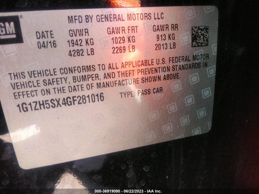 2016 CHEVROLET MALIBU PREMIER - 1G1ZH5SX4GF281016