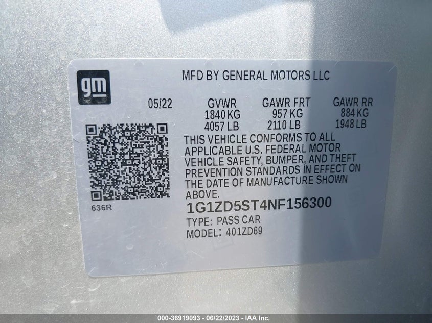 VIN 1G1ZD5ST4NF156300 2022 CHEVROLET MALIBU LT