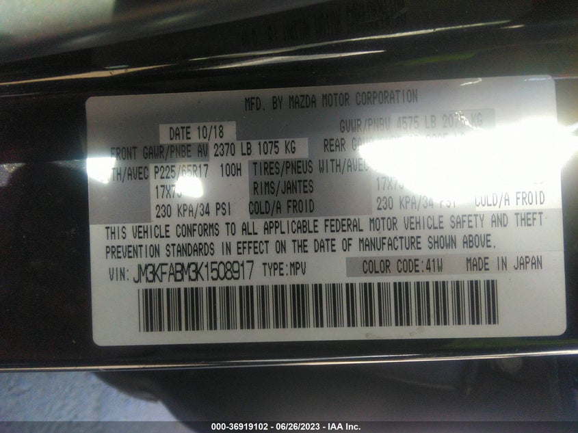 VIN JM3KFABM3K1508917 2019 MAZDA CX-5 SPORT