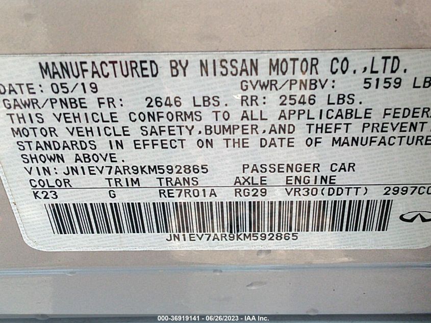 2019 INFINITI Q50 3.0T LUXE - JN1EV7AR9KM592865