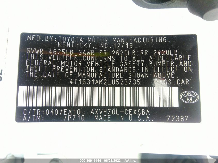 2020 TOYOTA CAMRY SE - 4T1G31AK2LU523735