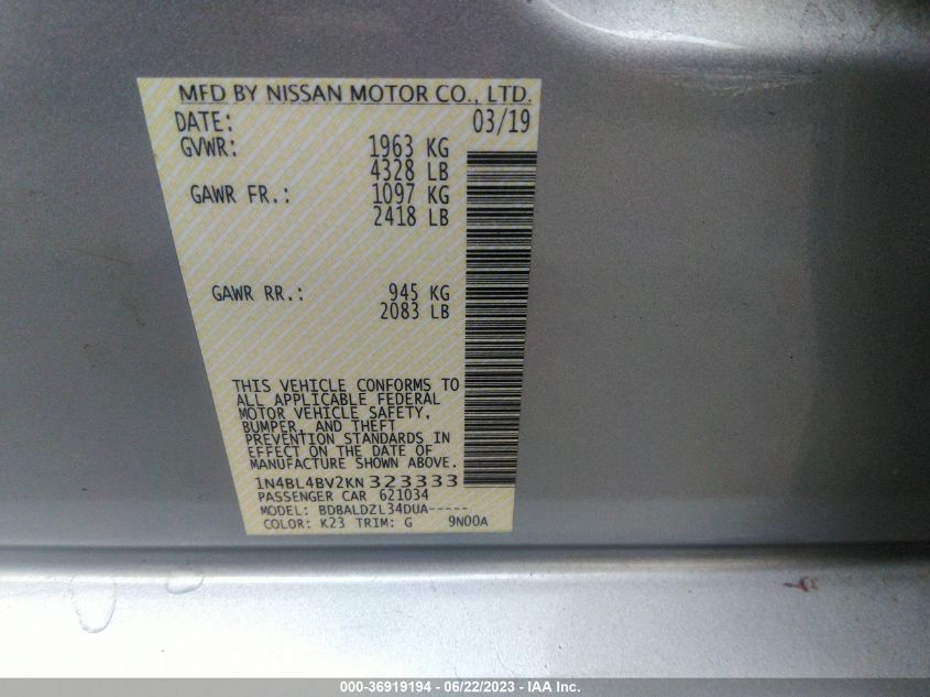 2019 NISSAN ALTIMA 2.5 S - 1N4BL4BV2KN323333