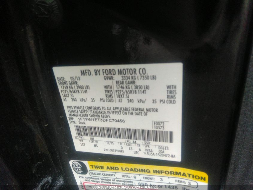 2013 FORD F-150 XL/XLT/FX4/LARIAT - 1FTFW1ET3DFC70456