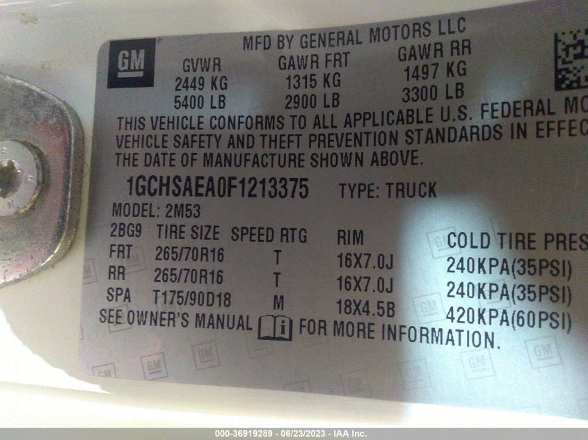 2015 CHEVROLET COLORADO 2WD WT - 1GCHSAEA0F1213375