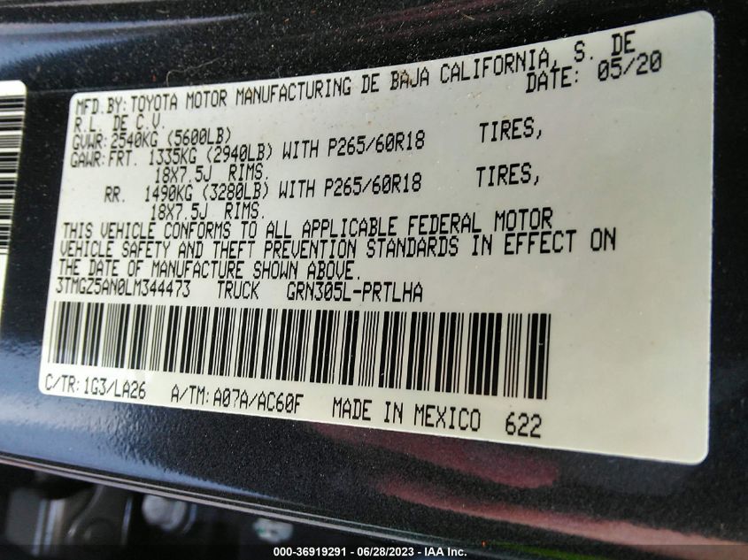 2020 TOYOTA TACOMA 4WD LIMITED - 3TMGZ5AN0LM344473