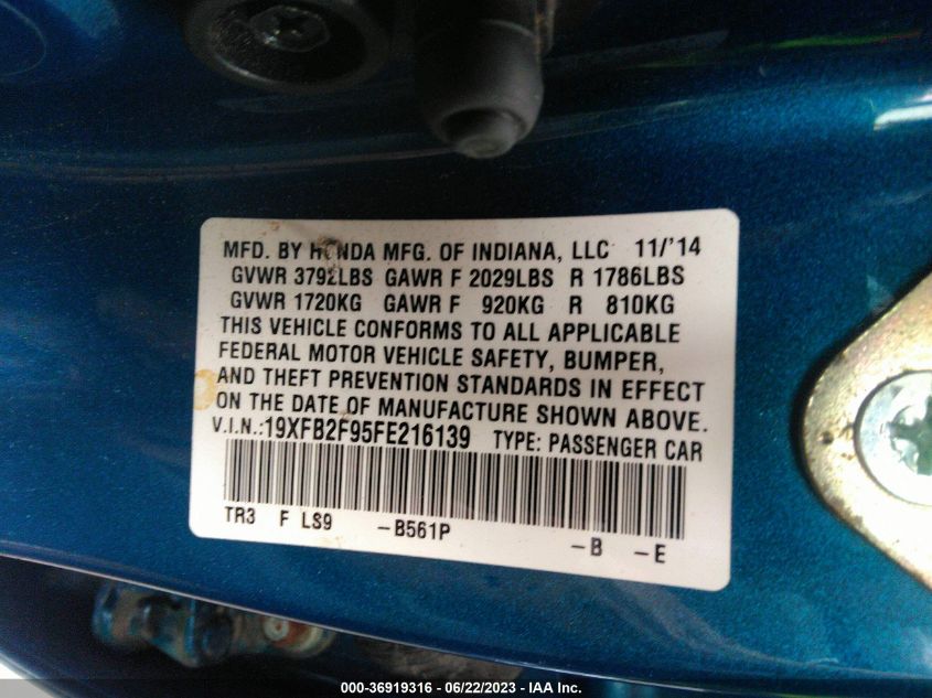 2015 HONDA CIVIC SEDAN EX-L - 19XFB2F95FE216139