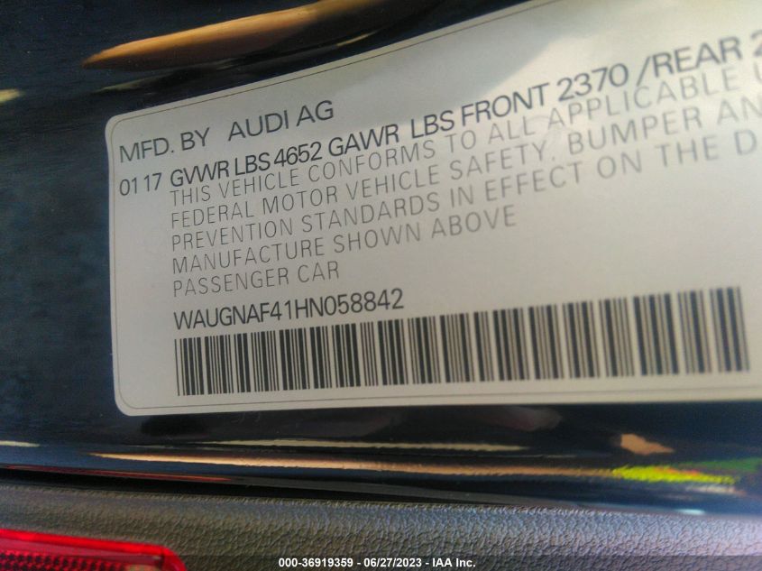 2017 AUDI A4 PREMIUM - WAUGNAF41HN058842