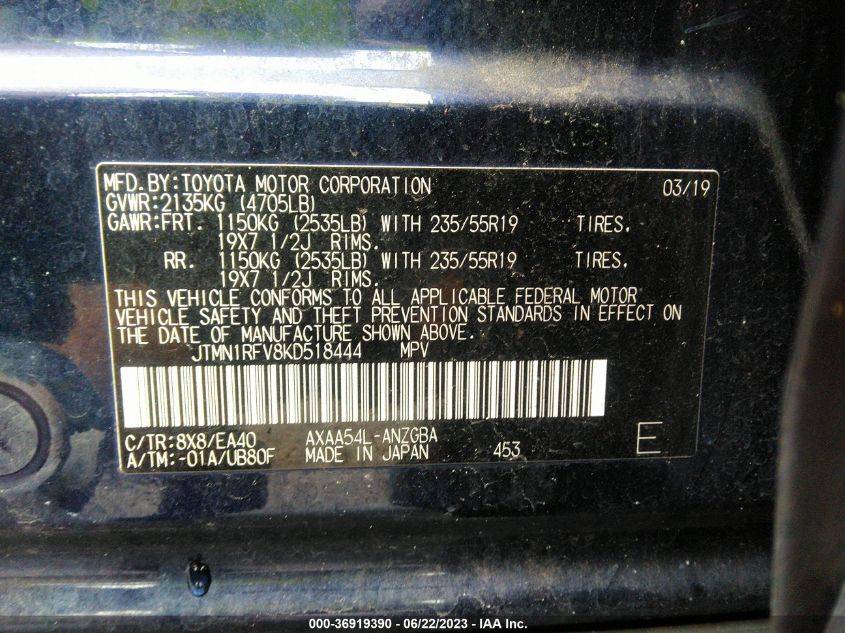2019 TOYOTA RAV4 LIMITED - JTMN1RFV8KD518444