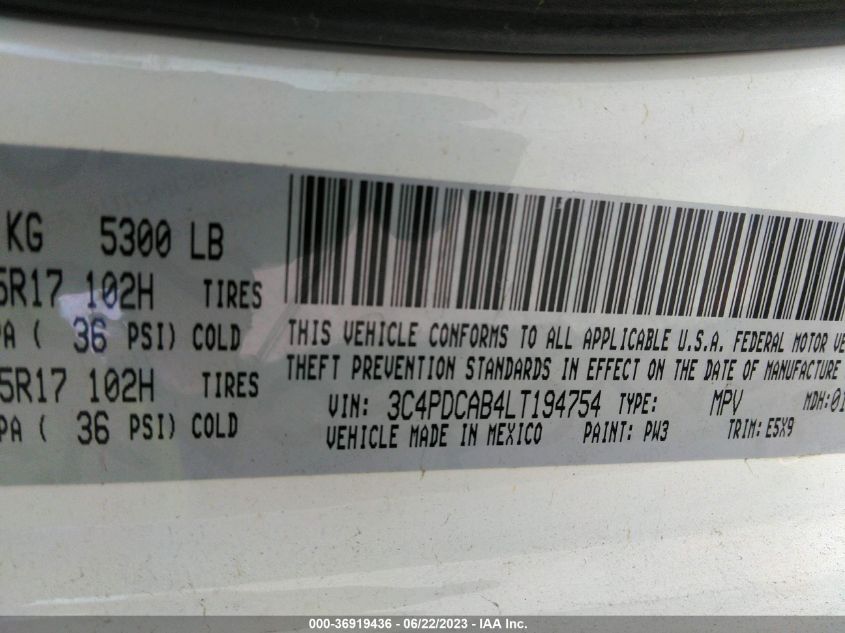2020 DODGE JOURNEY SE VALUE - 3C4PDCAB4LT194754