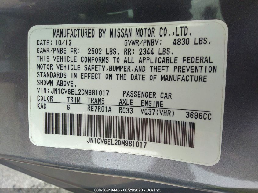 2013 INFINITI G37X JN1CV6EL2DM981017