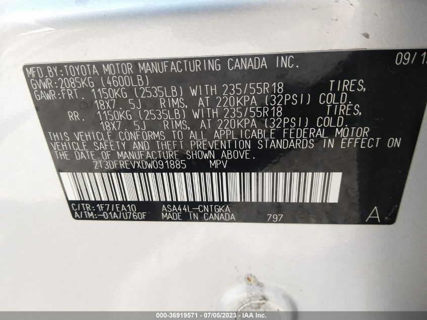 2013 TOYOTA RAV4 LIMITED - 2T3DFREVXDW091885
