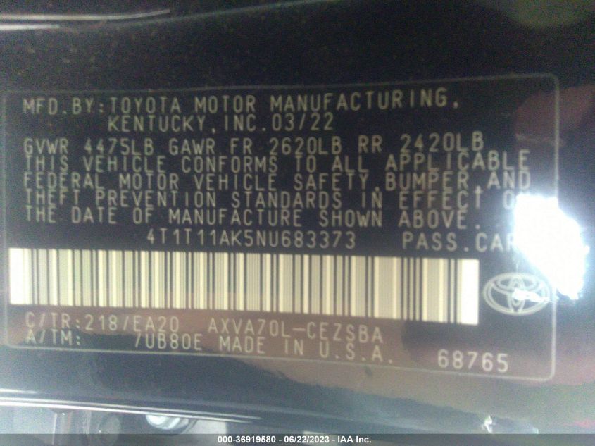 2022 TOYOTA CAMRY SE/NIGHT SHADE - 4T1T11AK5NU683373
