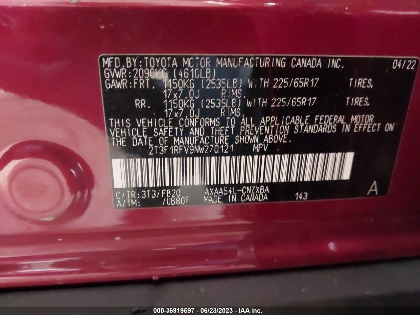 2022 TOYOTA RAV4 LE - 2T3F1RFV9NW270121