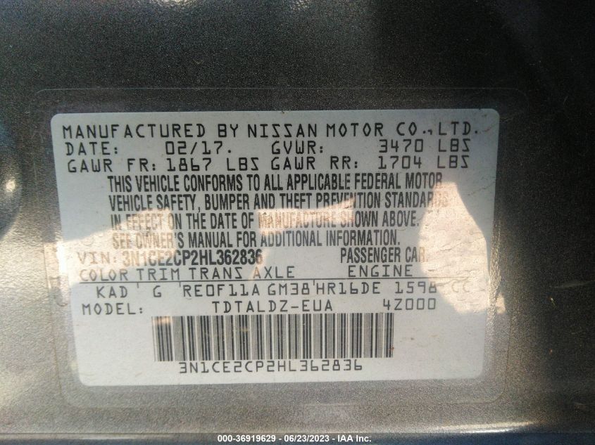 2017 NISSAN VERSA NOTE SV - 3N1CE2CP2HL362836