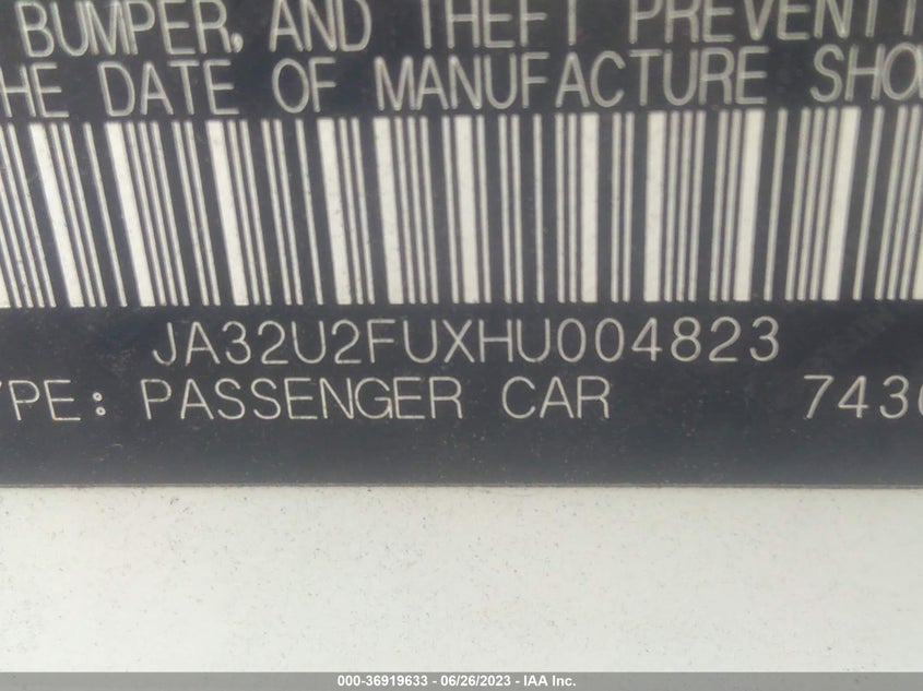 VIN JA32U2FUXHU004823 2017 MITSUBISHI LANCER ES