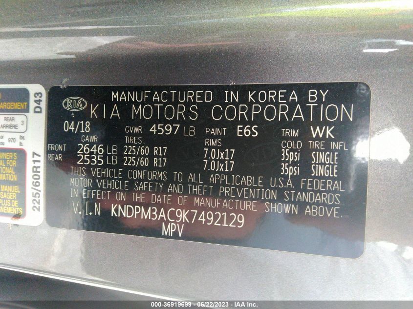 2019 KIA SPORTAGE LX - KNDPM3AC9K7492129