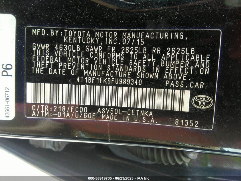 2015 TOYOTA CAMRY XLE/SE/LE/XSE - 4T1BF1FK9FU989340