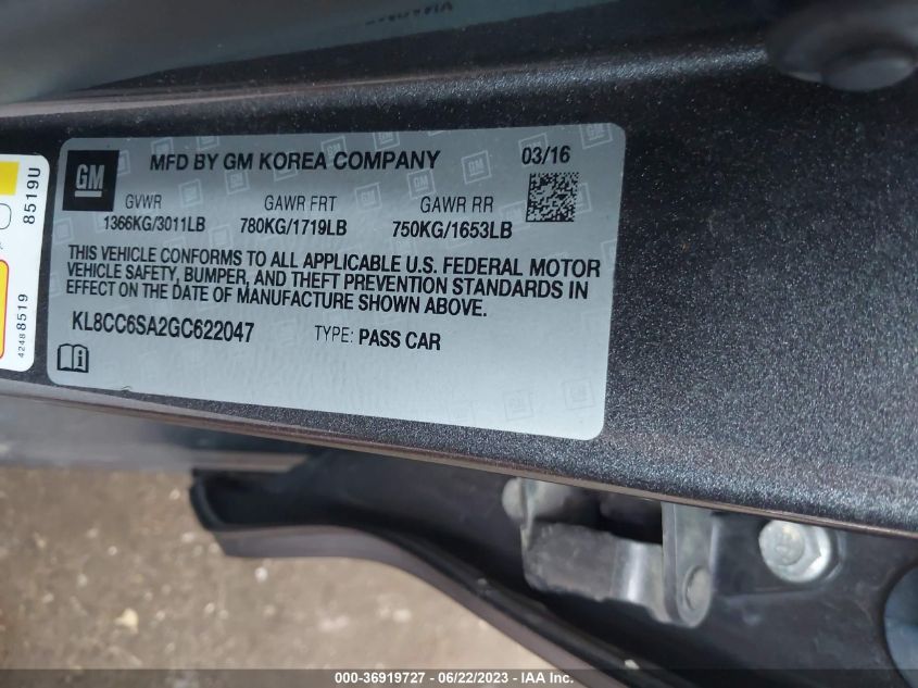 2016 CHEVROLET SPARK LT - KL8CC6SA2GC622047