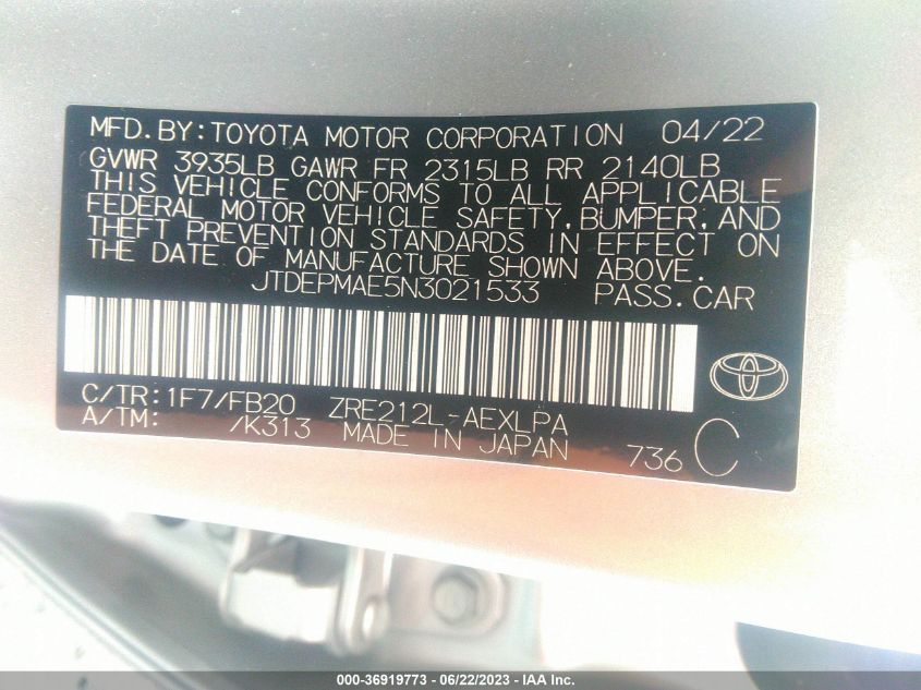 2022 TOYOTA COROLLA LE - JTDEPMAE5N3021533
