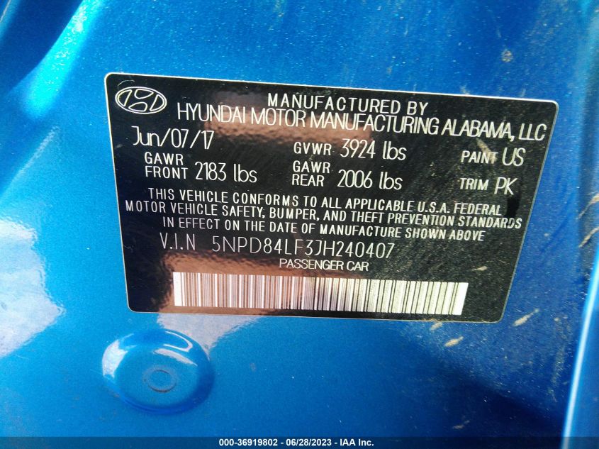 2018 HYUNDAI ELANTRA SEL - 5NPD84LF3JH240407