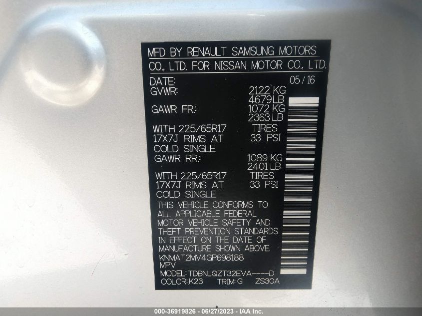 2016 NISSAN ROGUE SV - KNMAT2MV4GP698188
