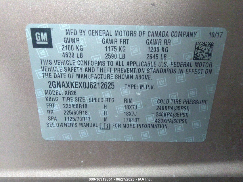 VIN 2GNAXKEX0J6212625 2018 CHEVROLET EQUINOX LT