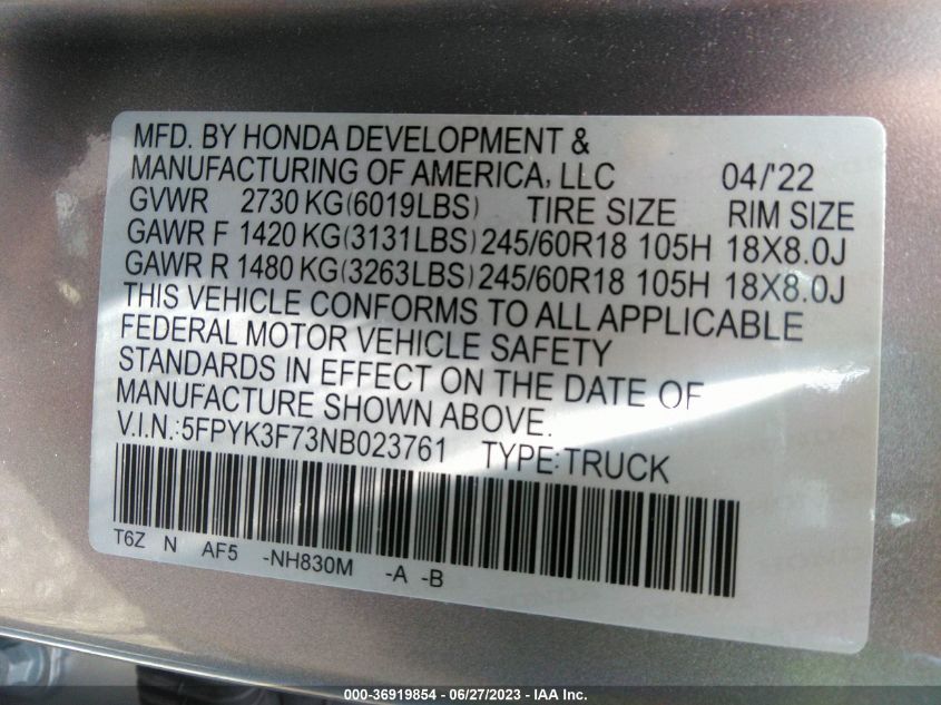 2022 HONDA RIDGELINE RTL-E - 5FPYK3F73NB023761