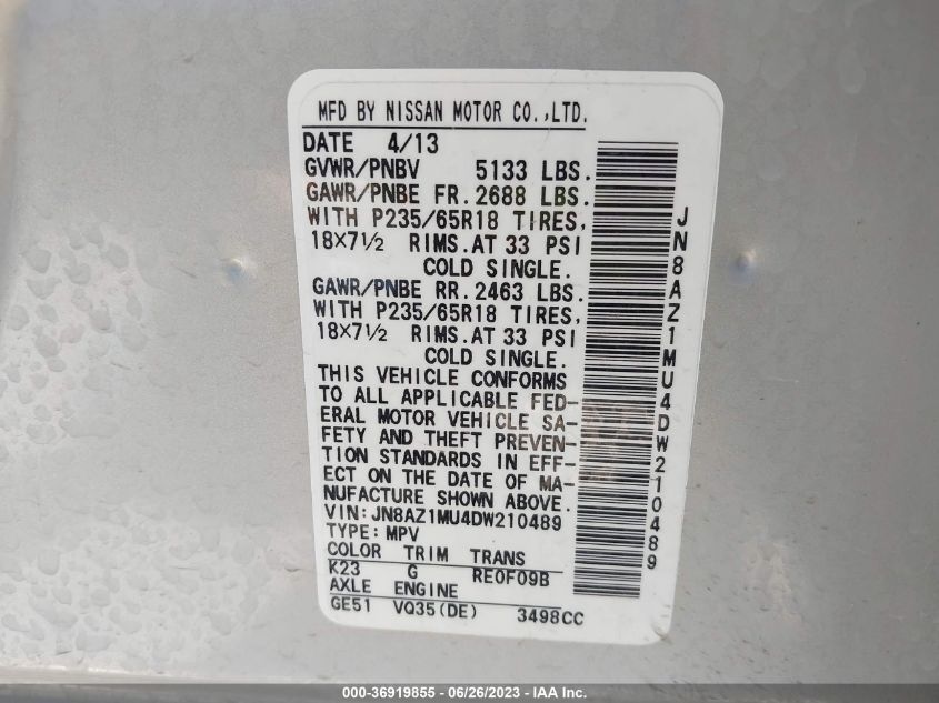 2013 NISSAN MURANO SV - JN8AZ1MU4DW210489