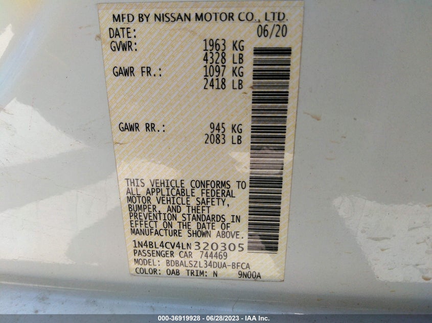 VIN 1N4BL4CV4LN320305 2020 NISSAN ALTIMA 2.5 SR