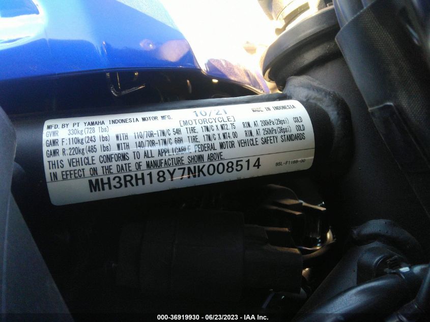 2022 YAMAHA YZFR3 A MH3RH18Y7NK008514
