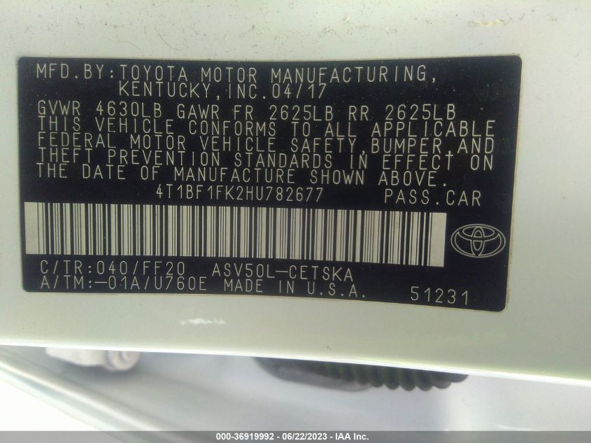 2017 TOYOTA CAMRY XLE/SE/LE/XSE - 4T1BF1FK2HU782677