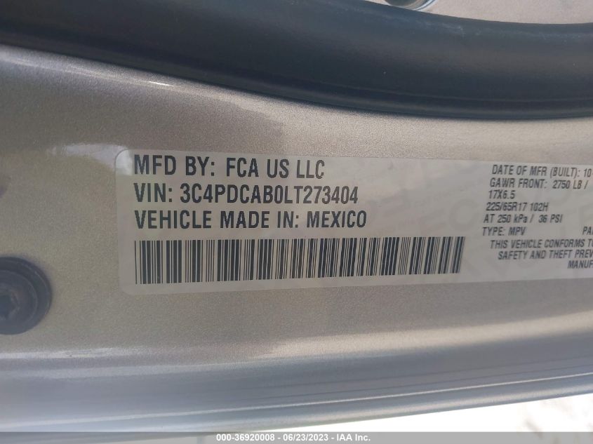 2020 DODGE JOURNEY SE - 3C4PDCAB0LT273404