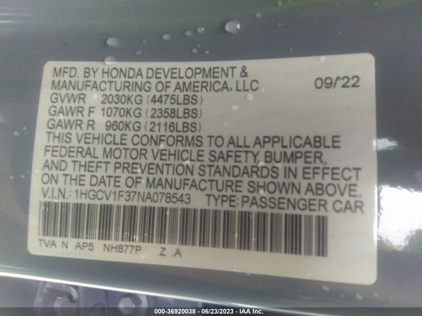 2022 HONDA ACCORD SEDAN SPORT - 1HGCV1F37NA078543
