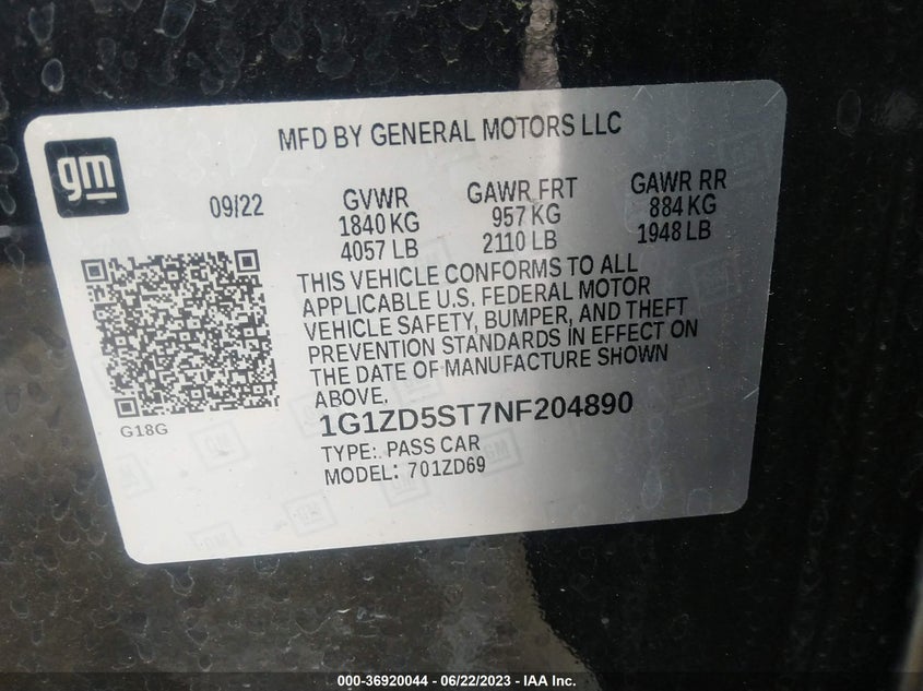 VIN 1G1ZD5ST7NF204890 2022 CHEVROLET MALIBU LT