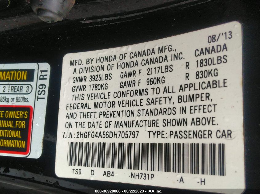 2013 HONDA CIVIC CPE SI 2HGFG4A56DH705797